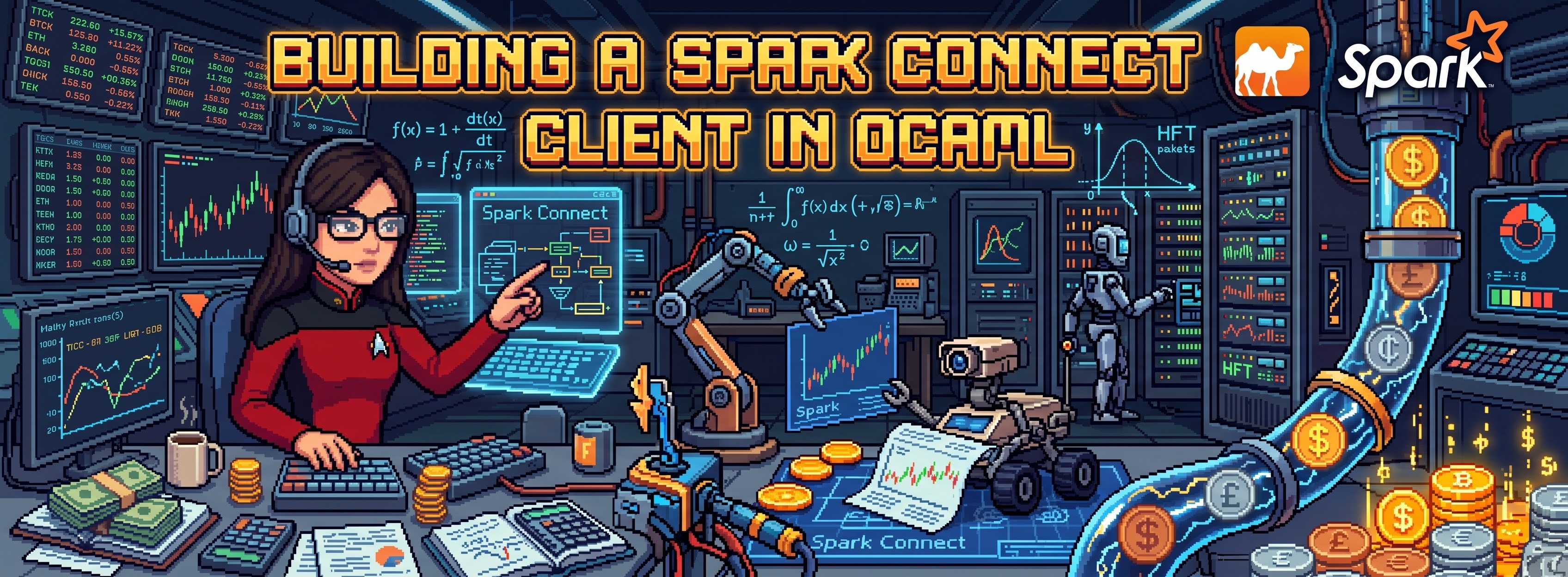 Pixel-art illustration: a Starfleet officer in a red uniform at a trading desk pointing at a Spark Connect plan diagram, surrounded by stock tickers, robot arms, an HFT server rack and a pipe of coins, under the title "Building a Spark Connect Client in OCaml"