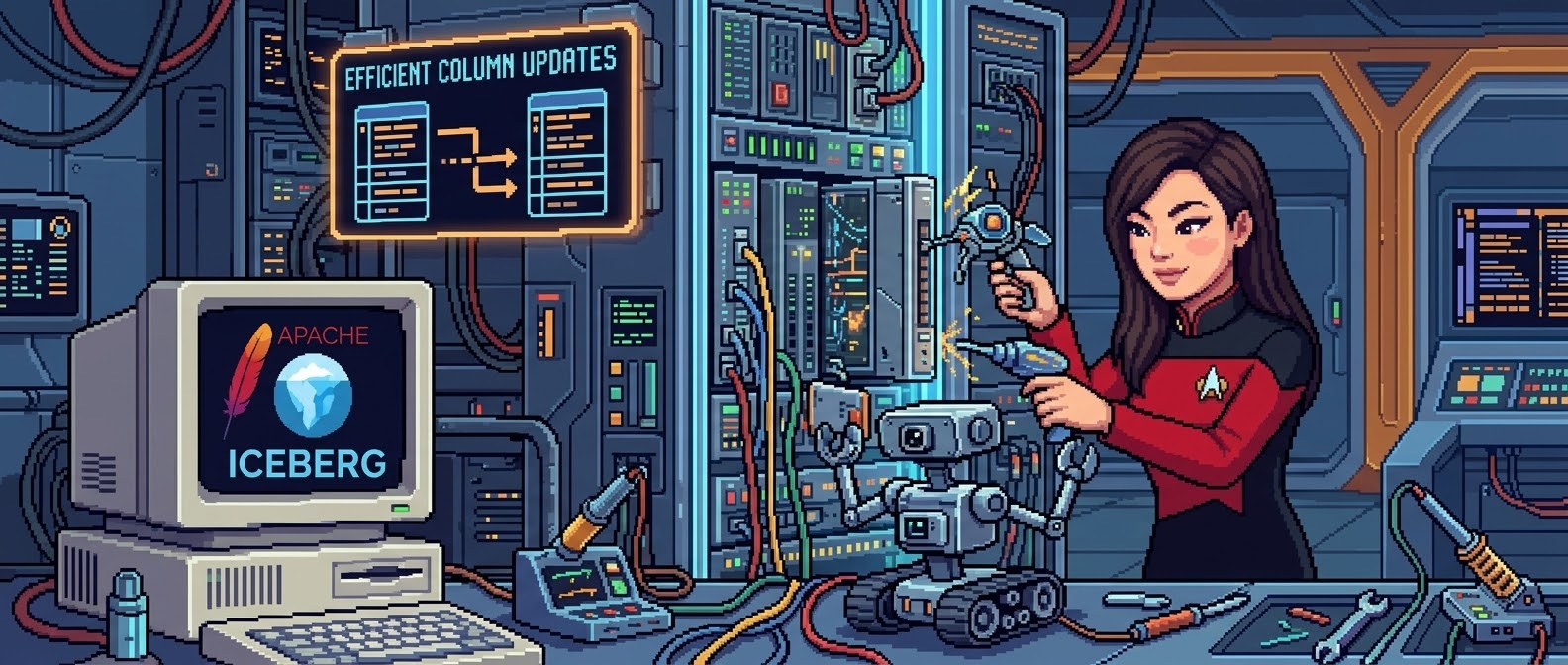 Pixel-art illustration: a Starfleet engineer in a red uniform repairing a small robot at an engineering workbench, beside a beige desktop computer showing the Apache Iceberg logo, under a wall panel reading "Efficient Column Updates" with one column of a table pointing into another